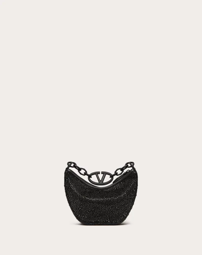 Valentino Shoulder Bags Woman Vlogo Moon Mini Hobo Bag With Rhinestones For Woman In Black Black