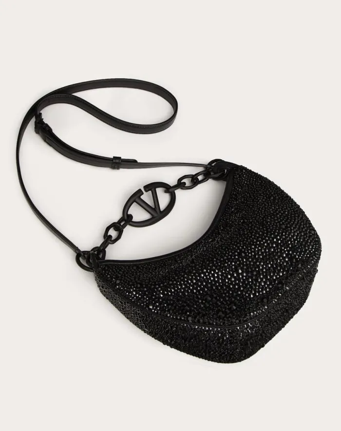Valentino Shoulder Bags Woman Vlogo Moon Mini Hobo Bag With Rhinestones For Woman In Black Black