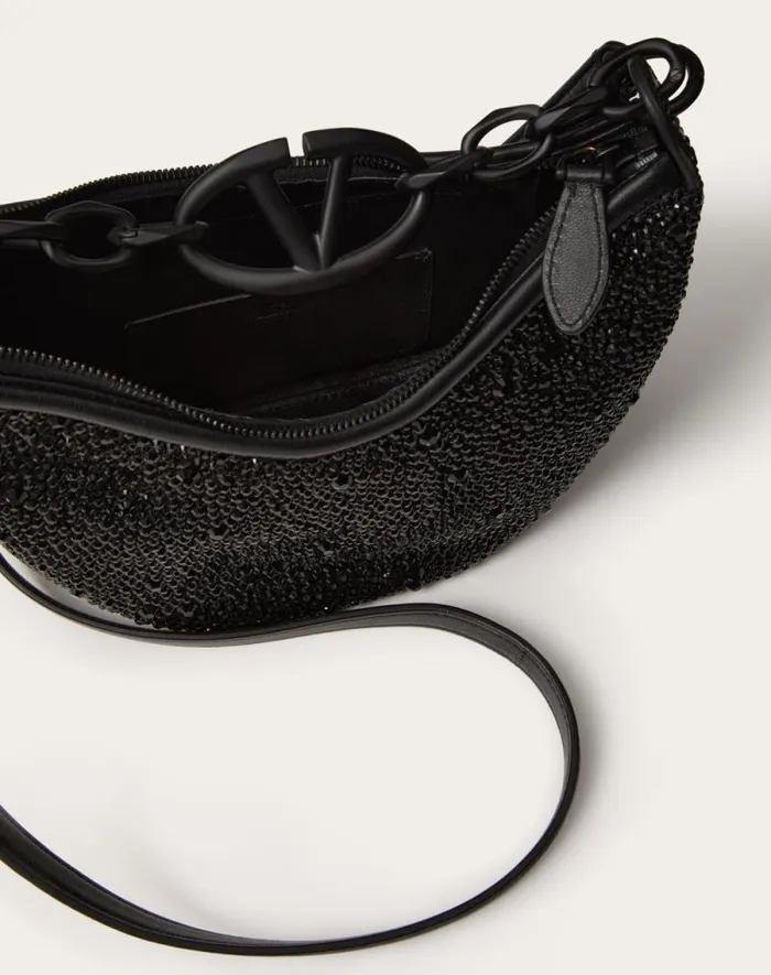 Valentino Shoulder Bags Woman Vlogo Moon Mini Hobo Bag With Rhinestones For Woman In Black Black