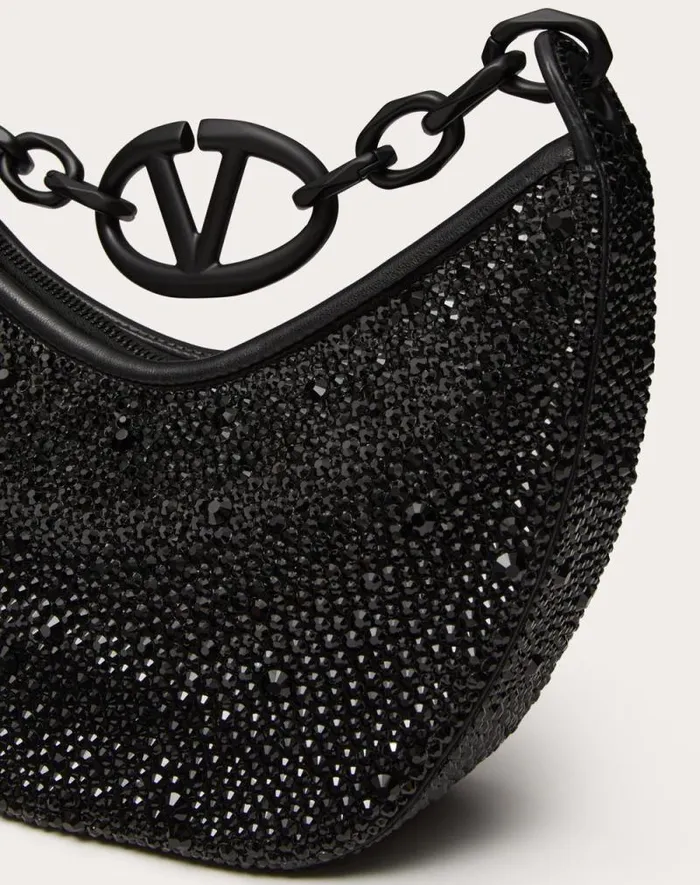 Valentino Shoulder Bags Woman Vlogo Moon Mini Hobo Bag With Rhinestones For Woman In Black Black
