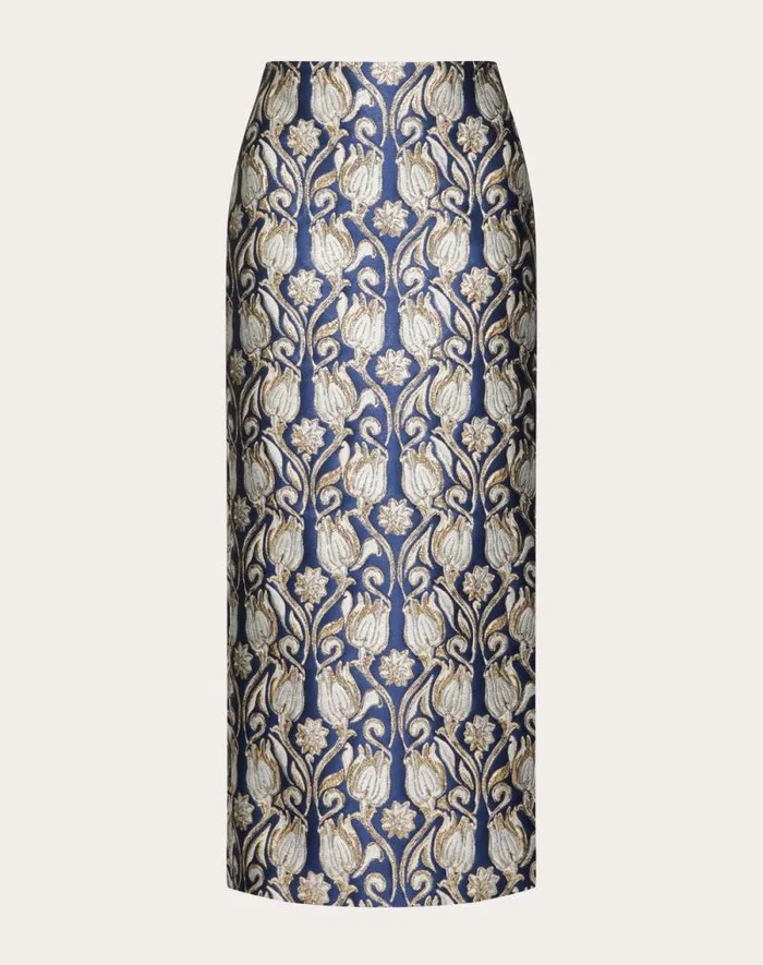 Valentino Skirts Woman Metamorphos Tulips Brocade Midi Skirt For Woman In Bluegold Bluegold Valentino Skirts Woman Metamorphos Tulips Brocade Midi Skirt For Woman In Bluegold Bluegold