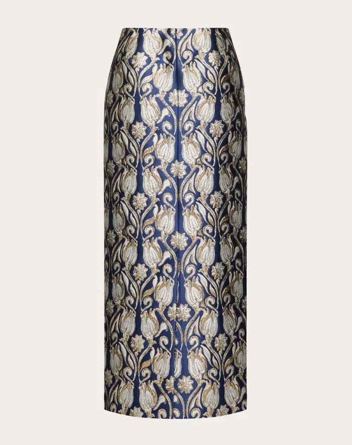 Valentino Skirts Woman Metamorphos Tulips Brocade Midi Skirt For Woman In Bluegold Bluegold Valentino Skirts Woman Metamorphos Tulips Brocade Midi Skirt For Woman In Bluegold Bluegold