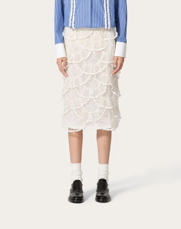 Valentino Skirts Woman Tulle Illusione Embroidered Skirt For Woman In Ivory Ivory Valentino Skirts Woman Tulle Illusione Embroidered Skirt For Woman In Ivory Ivory