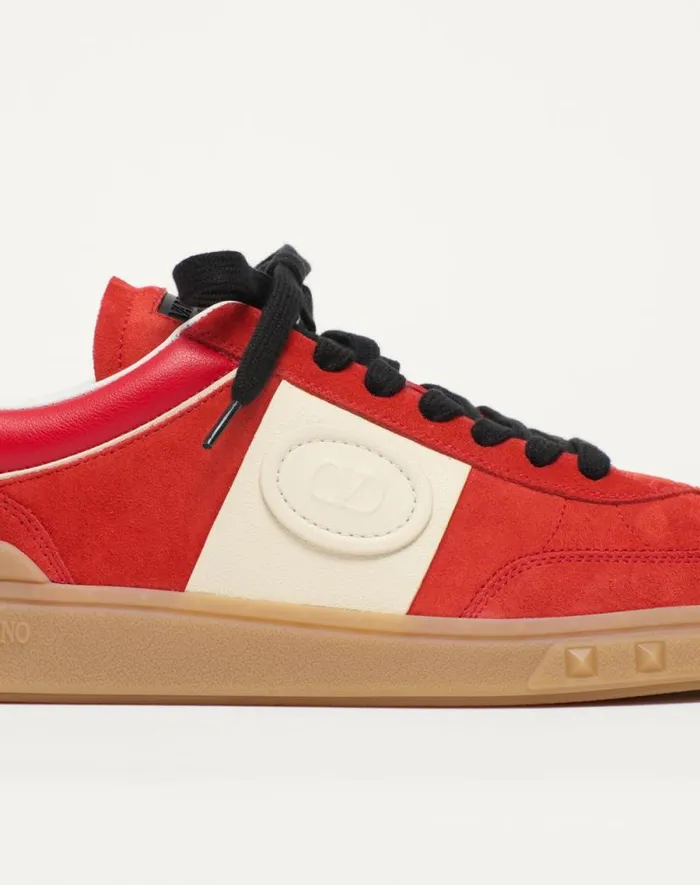 Valentino Sneakers Man Upvillage Low Top Sneaker In Split Leather And Calfskin Nappa Leather For Man In Coralivory Coralivory