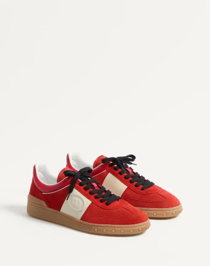 Valentino Sneakers Man Upvillage Low Top Sneaker In Split Leather And Calfskin Nappa Leather For Man In Coralivory Coralivory