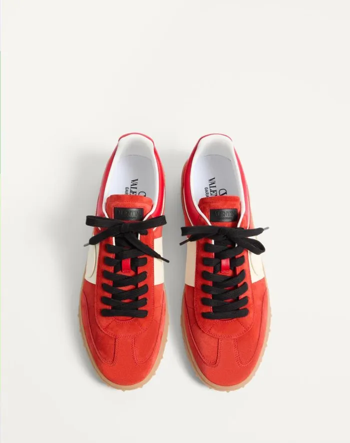 Valentino Sneakers Man Upvillage Low Top Sneaker In Split Leather And Calfskin Nappa Leather For Man In Coralivory Coralivory