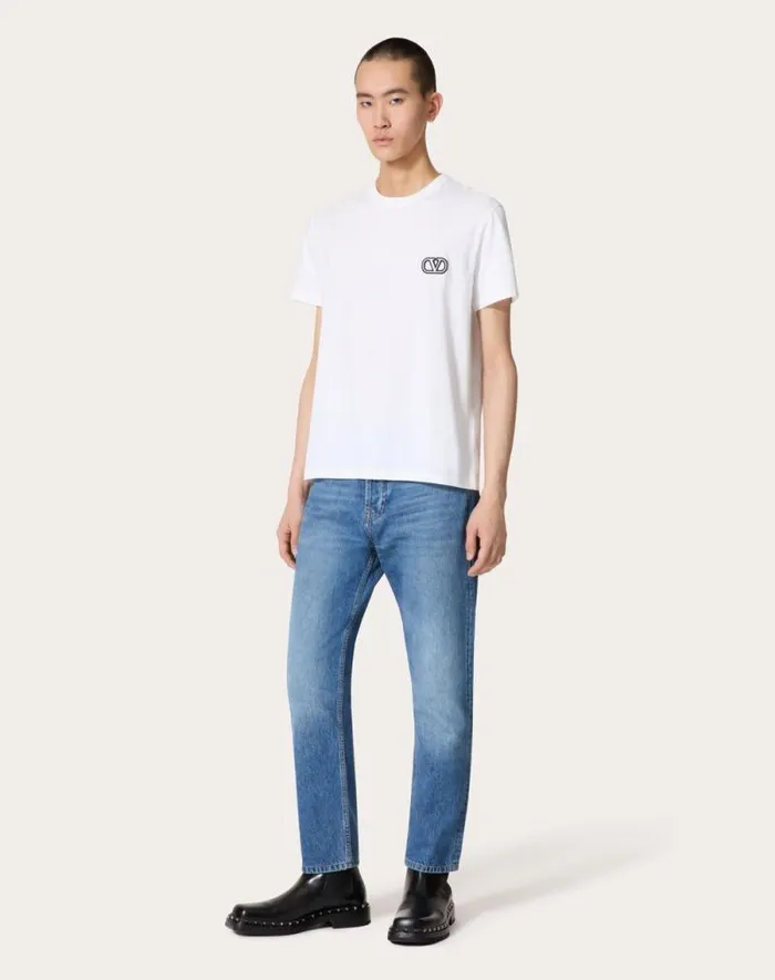 Valentino Tshirts And Sweatshirts Man Cotton Tshirt With Vlogo Signature Patch For Man In Anthracite Anthracite