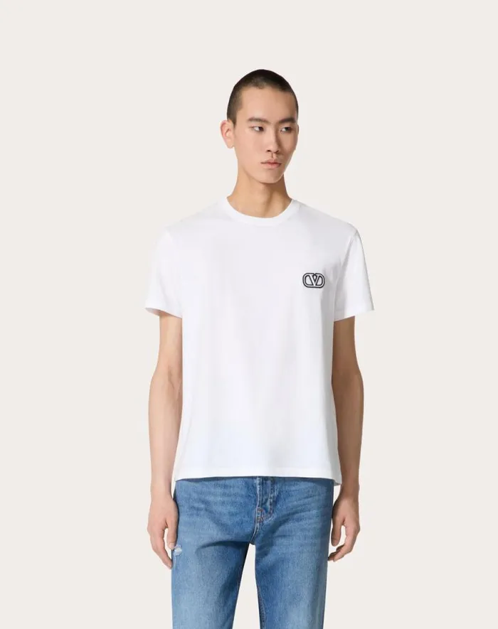 Valentino Tshirts And Sweatshirts Man Cotton Tshirt With Vlogo Signature Patch For Man In Anthracite Anthracite
