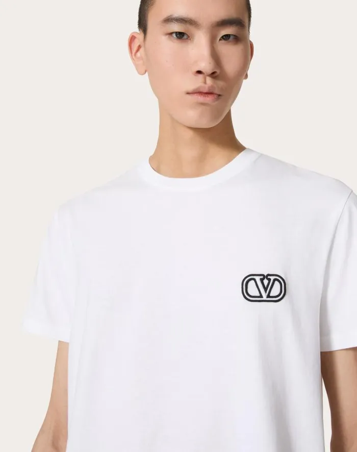 Valentino Tshirts And Sweatshirts Man Cotton Tshirt With Vlogo Signature Patch For Man In Anthracite Anthracite