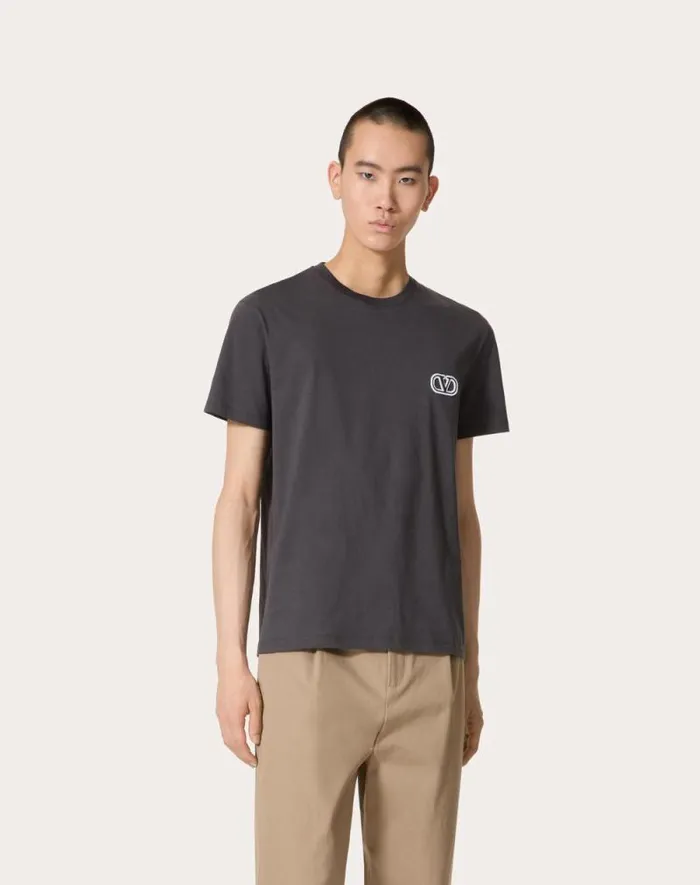 Valentino Tshirts And Sweatshirts Man Cotton Tshirt With Vlogo Signature Patch For Man In Anthracite Anthracite