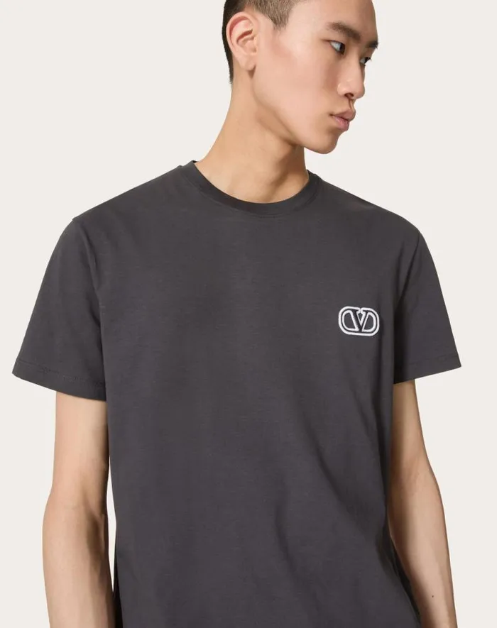 Valentino Tshirts And Sweatshirts Man Cotton Tshirt With Vlogo Signature Patch For Man In Anthracite Anthracite