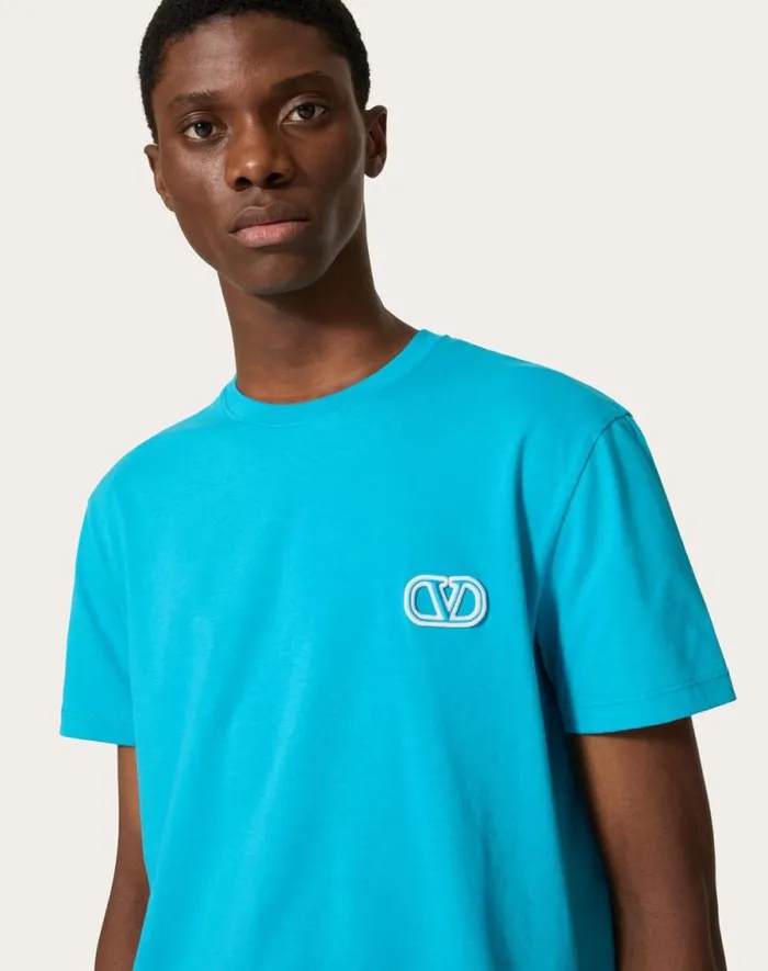 Valentino Tshirts And Sweatshirts Man Cotton Tshirt With Vlogo Signature Patch For Man In Mint Mint