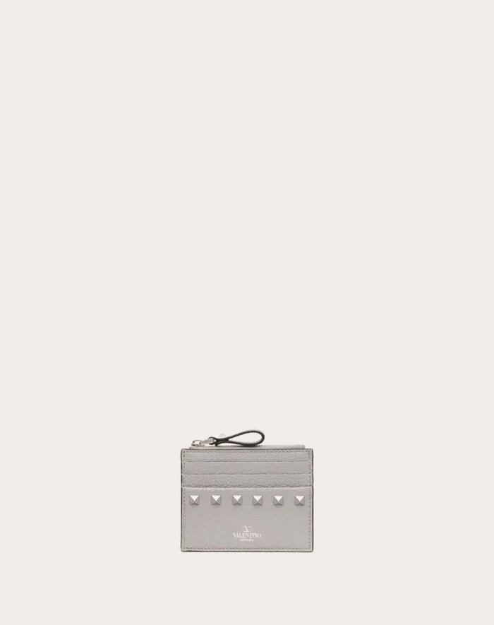 Valentino Wallets And Small Leather Goods Woman Rockstud Grainy Calfskin Cardholder With Zipper For Woman In Grey Grey