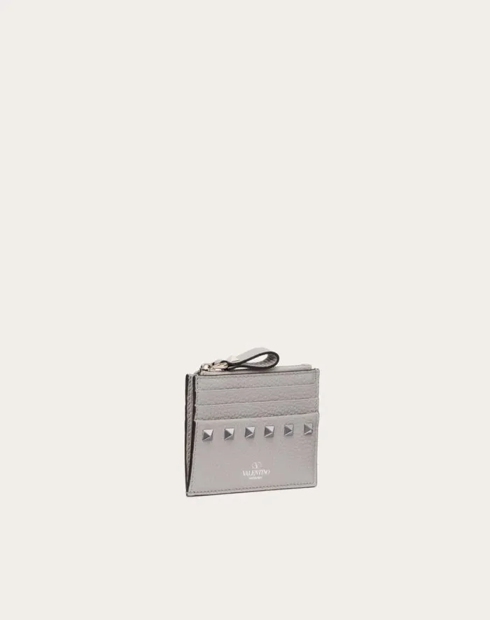 Valentino Wallets And Small Leather Goods Woman Rockstud Grainy Calfskin Cardholder With Zipper For Woman In Grey Grey Valentino Wallets And Small Leather Goods Woman Rockstud Grainy Calfskin Cardholder With Zipper For Woman In Grey Grey