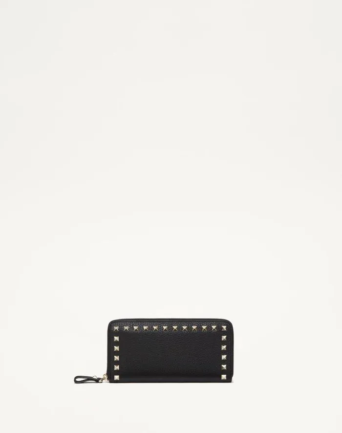 Valentino Wallets And Small Leather Goods Woman Rockstud Grainy Calfskin Zippered Wallet For Woman In Black Black
