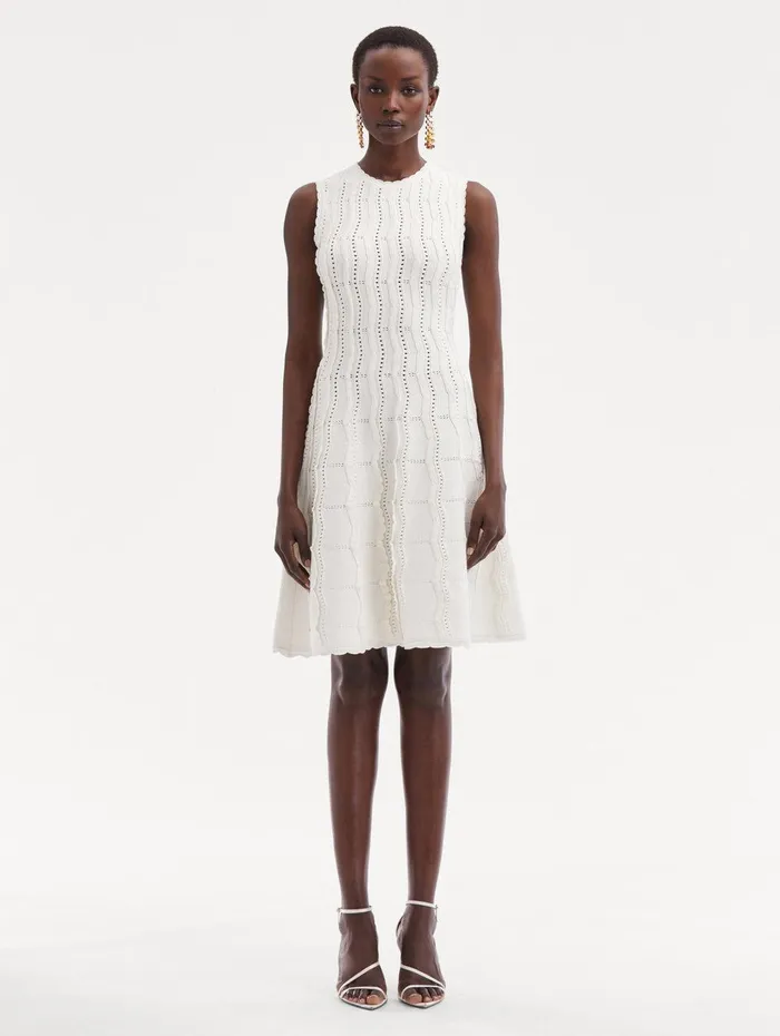 Wave Knit Fit and Flare Dress Ivory Women Oscar De La Renta Dresses Wave Knit Fit and Flare Dress Ivory Women Oscar De La Renta Dresses
