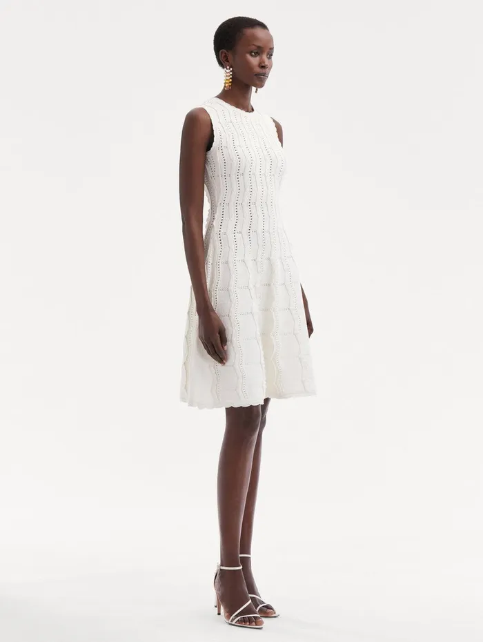 Wave Knit Fit and Flare Dress Ivory Women Oscar De La Renta Dresses Wave Knit Fit and Flare Dress Ivory Women Oscar De La Renta Dresses