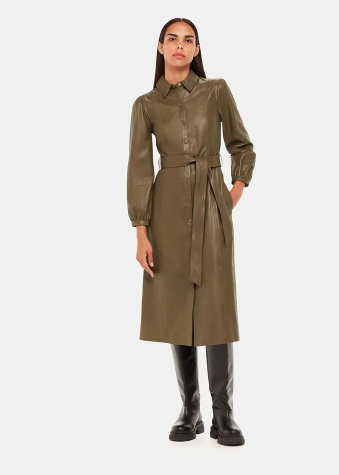 Whistles Dresses Khaki Phoebe Leather Shirt Dress 8211 Women