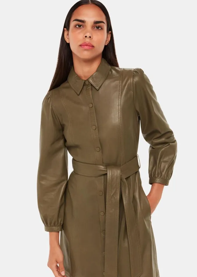 Whistles Dresses Khaki Phoebe Leather Shirt Dress 8211 Women