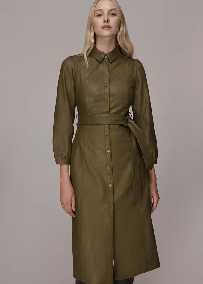 Whistles Dresses Khaki Phoebe Leather Shirt Dress 8211 Women