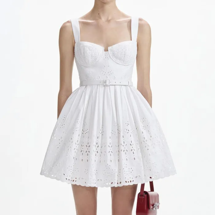 White Cotton Broderie Mini Dress Women Self Portrait Dresses White Cotton Broderie Mini Dress Women Self Portrait Dresses