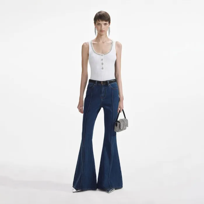 White Ribbed Knit Top Women Self Portrait Tops