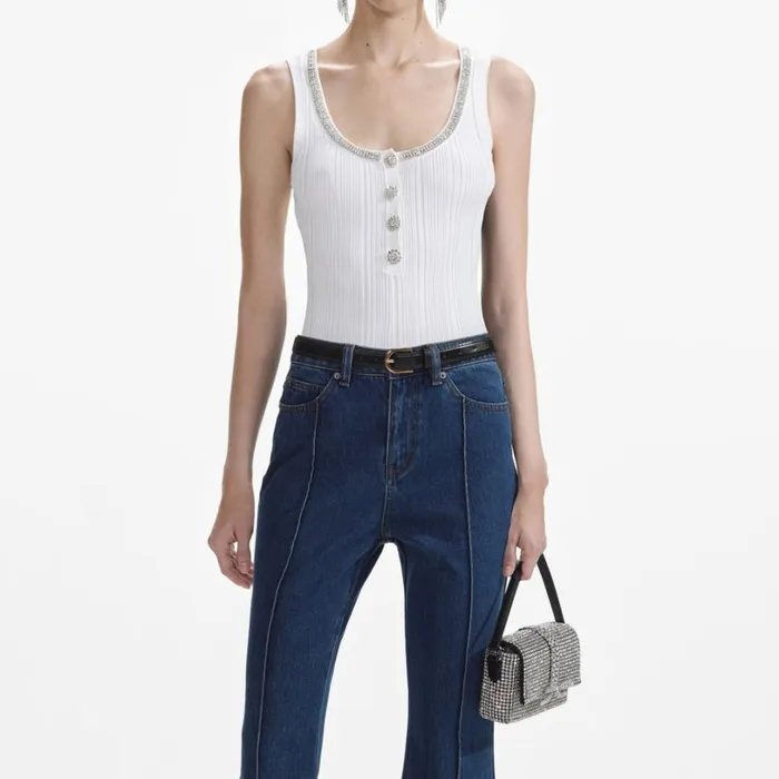 White Ribbed Knit Top Women Self Portrait Tops