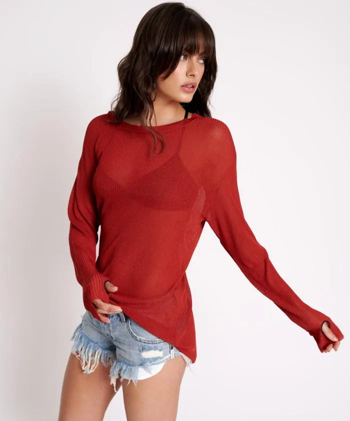Women AMITY SHEER RIB KNIT TOP BROWN One Teaspoon Tops Women AMITY SHEER RIB KNIT TOP BROWN One Teaspoon Tops