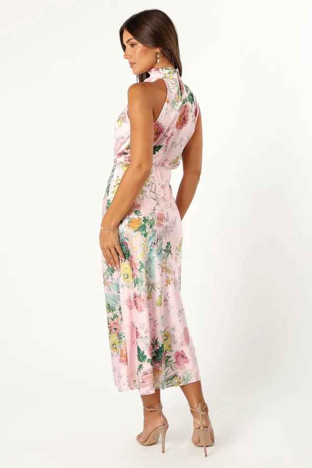 Women Anabelle Halter Neck Midi Dress Pink Floral Satin Dresses Petal and Pup