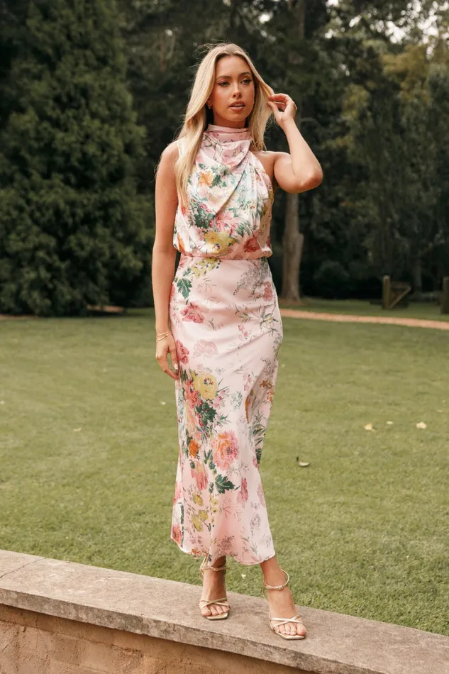 Women Anabelle Halter Neck Midi Dress Pink Floral Satin Dresses Petal and Pup