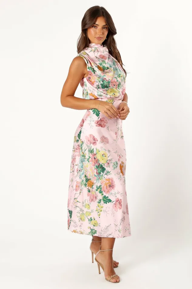 Women Anabelle Halter Neck Midi Dress Pink Floral Satin Dresses Petal and Pup