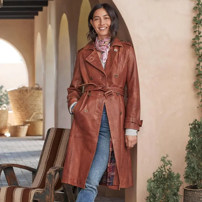 Women Araminta Leather Trench Coat Rust Sundance Catalog Jackets and Coats