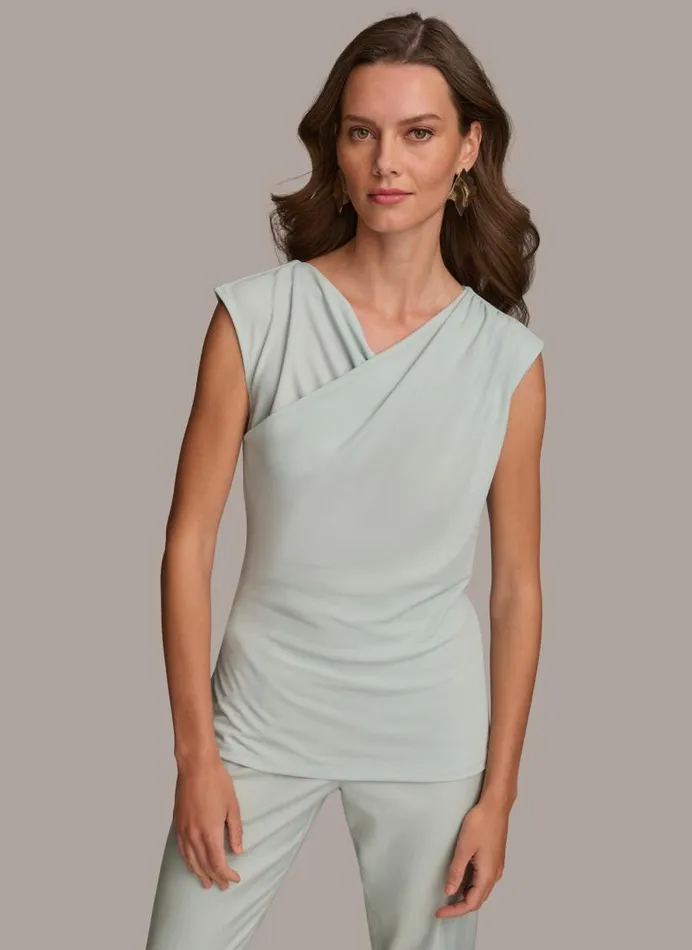 Women ASYMMETRICAL DRAPE SHOULDER TOP Blue Frost Donna Karan New York Sweaters And Tops