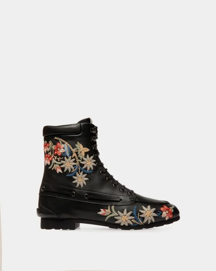 Women Bally Boots and Ankle Boots Winter Capsule Bootie In Black Leather With Alpine Flowers Black