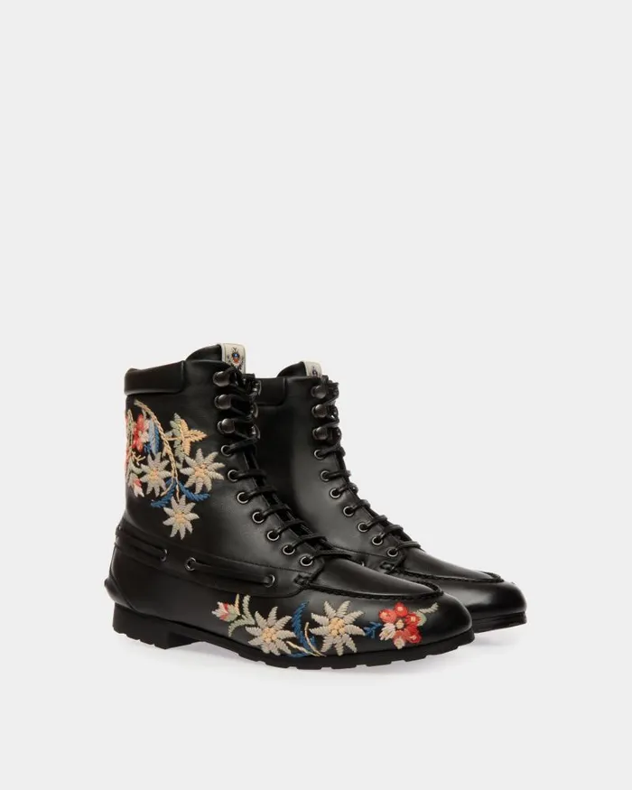 Women Bally Boots and Ankle Boots Winter Capsule Bootie In Black Leather With Alpine Flowers Black Women Bally Boots and Ankle Boots Winter Capsule Bootie In Black Leather With Alpine Flowers Black