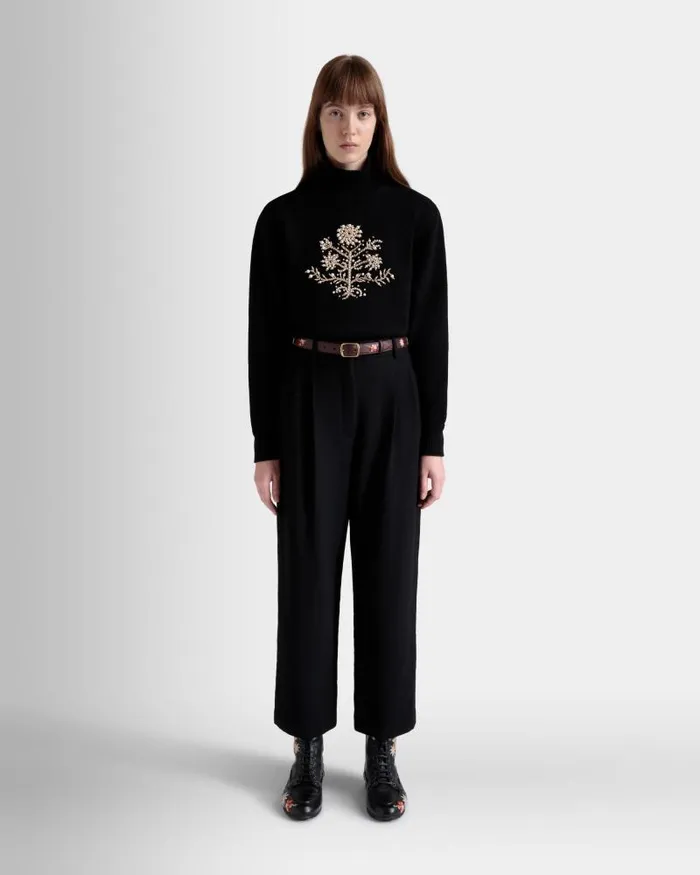 Women Bally Shirts and TShirts Winter Capsule Turtleneck Sweater With A Heritage Flower In Black Wool Black