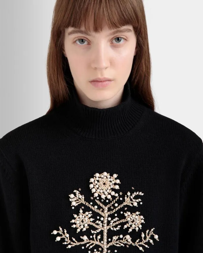 Women Bally Shirts and TShirts Winter Capsule Turtleneck Sweater With A Heritage Flower In Black Wool Black