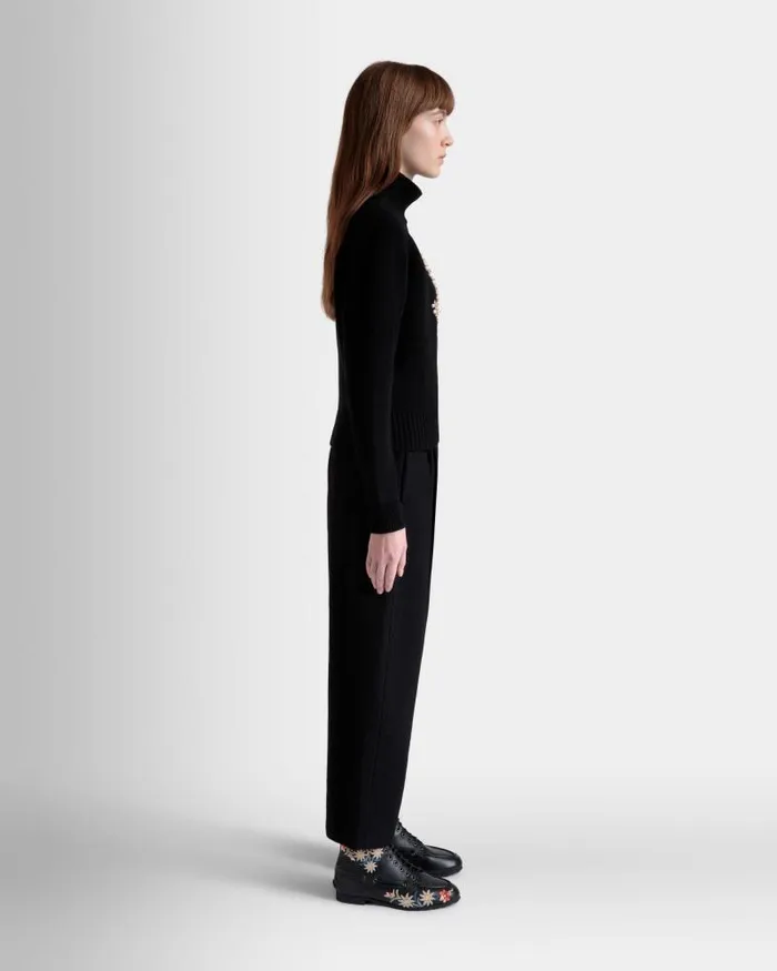 Women Bally Shirts and TShirts Winter Capsule Turtleneck Sweater With A Heritage Flower In Black Wool Black