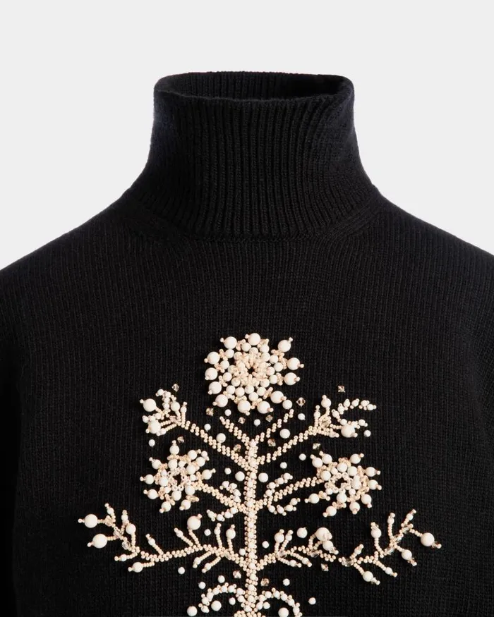 Women Bally Shirts and TShirts Winter Capsule Turtleneck Sweater With A Heritage Flower In Black Wool Black