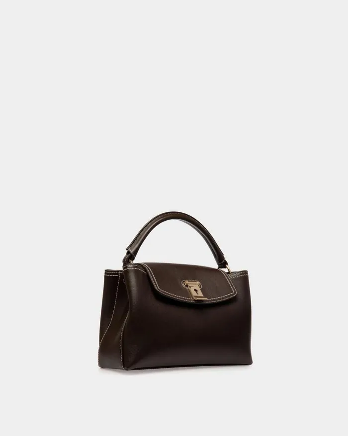 Women Bally Top Handle Bags Lock Me Small Top Handle Bag In Ebano Leather Brown