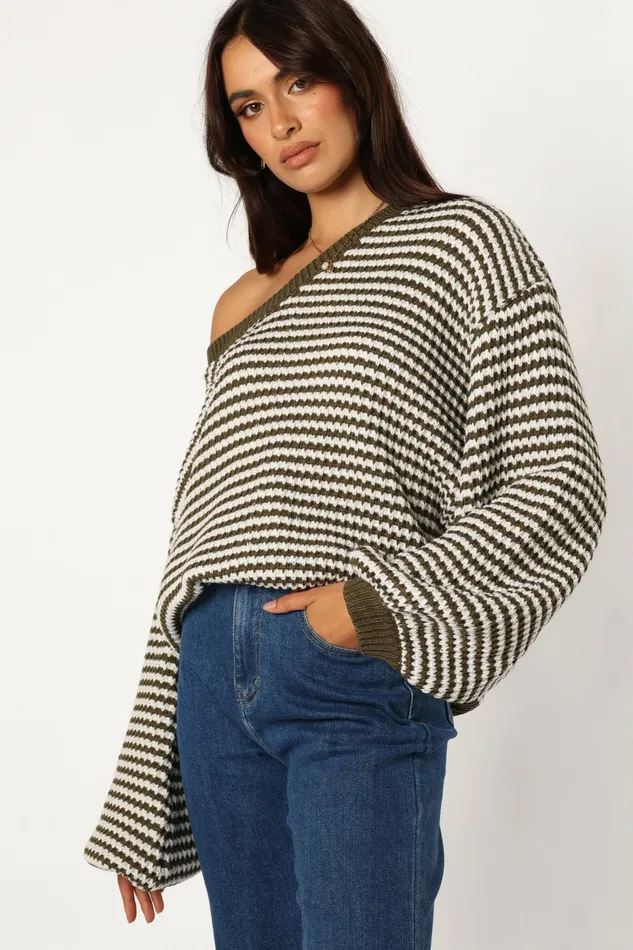 Women Becca Crewneck Waffle Stitch Stripe Knit Sweater Olive Sweaters Petal and Pup Women Becca Crewneck Waffle Stitch Stripe Knit Sweater Olive Sweaters Petal and Pup