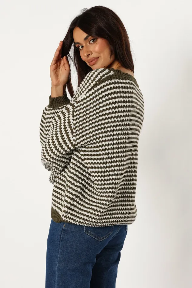 Women Becca Crewneck Waffle Stitch Stripe Knit Sweater Olive Sweaters Petal and Pup