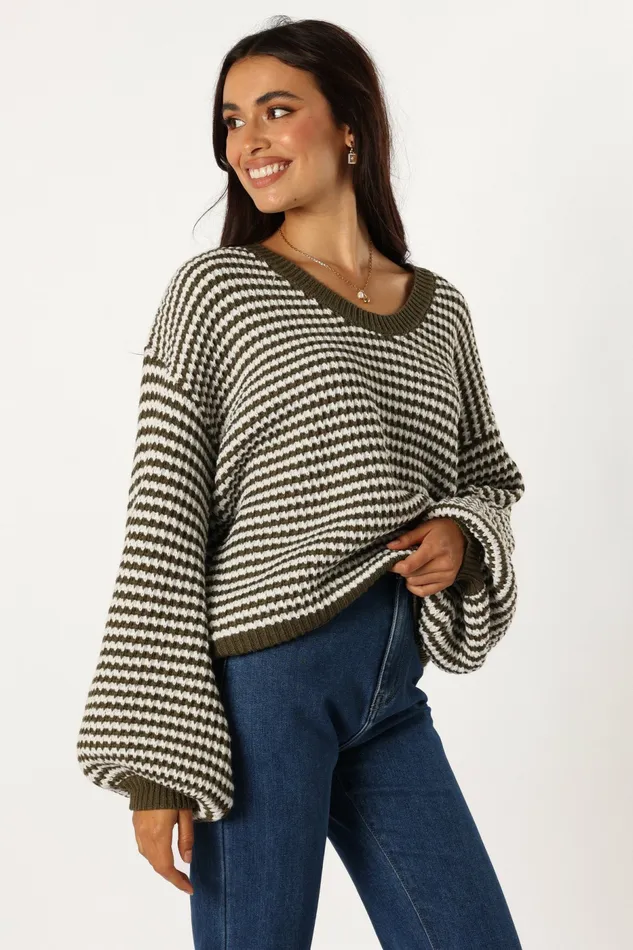 Women Becca Crewneck Waffle Stitch Stripe Knit Sweater Olive Sweaters Petal and Pup