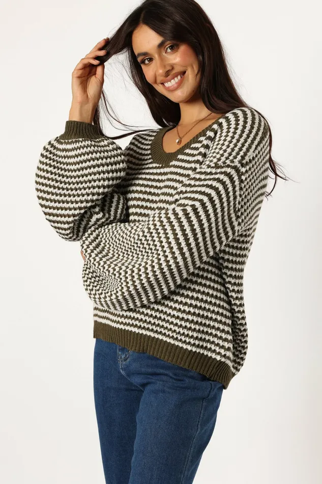 Women Becca Crewneck Waffle Stitch Stripe Knit Sweater Olive Sweaters Petal and Pup