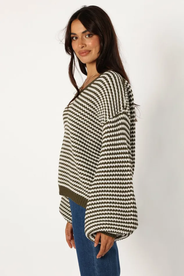 Women Becca Crewneck Waffle Stitch Stripe Knit Sweater Olive Sweaters Petal and Pup