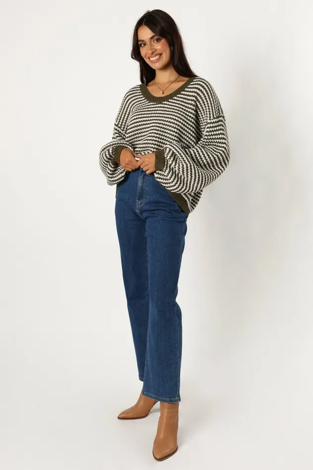 Women Becca Crewneck Waffle Stitch Stripe Knit Sweater Olive Sweaters Petal and Pup