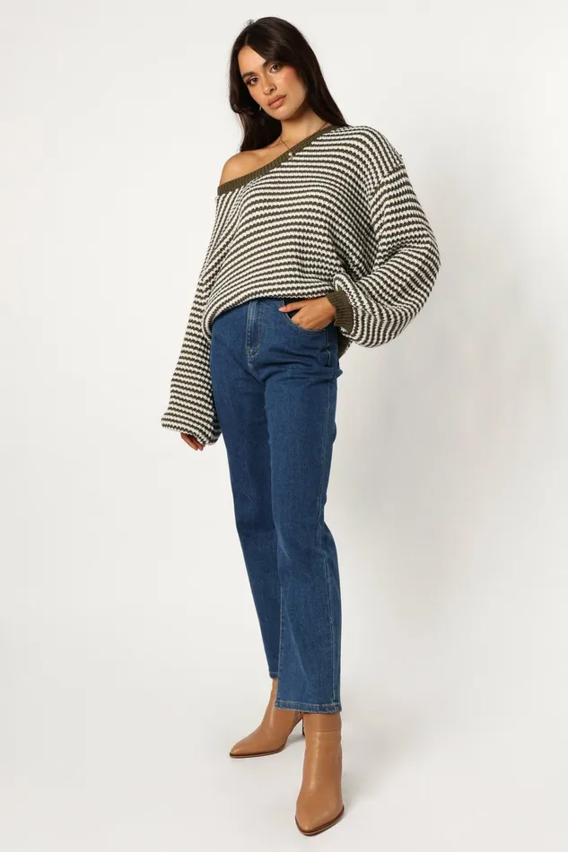 Women Becca Crewneck Waffle Stitch Stripe Knit Sweater Olive Sweaters Petal and Pup