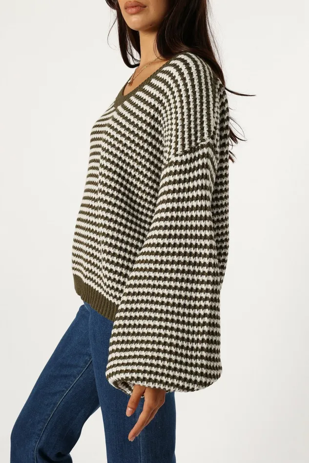 Women Becca Crewneck Waffle Stitch Stripe Knit Sweater Olive Sweaters Petal and Pup