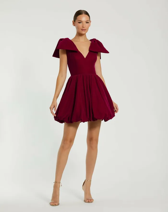 Women Best Sellers Mac Duggal Shoulder Bow Velvet Bubble Mini Dress Berry