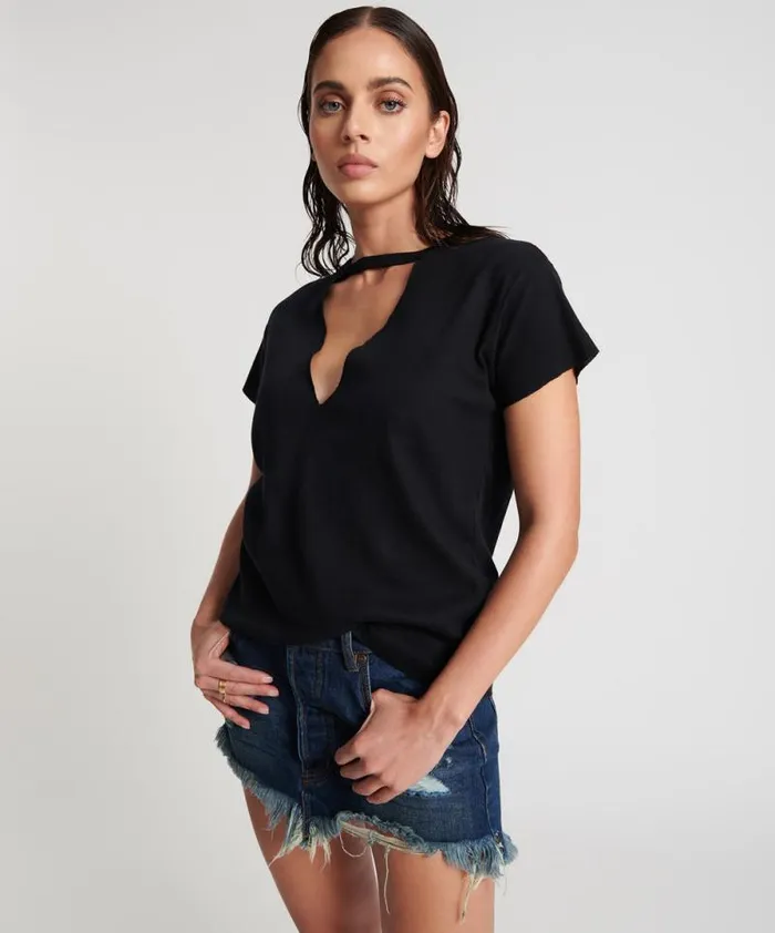 Women BLACK DEEP V CUT OUT TEE One Teaspoon Tees and Tanks